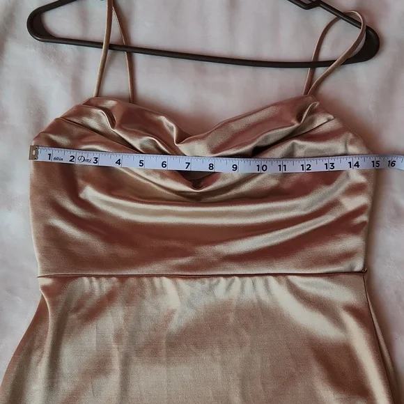 Women's Long, Fitted, Bodycon, Champaign Color, Cowl Neck, Sexy Formal Dress - Picture 5 of 9